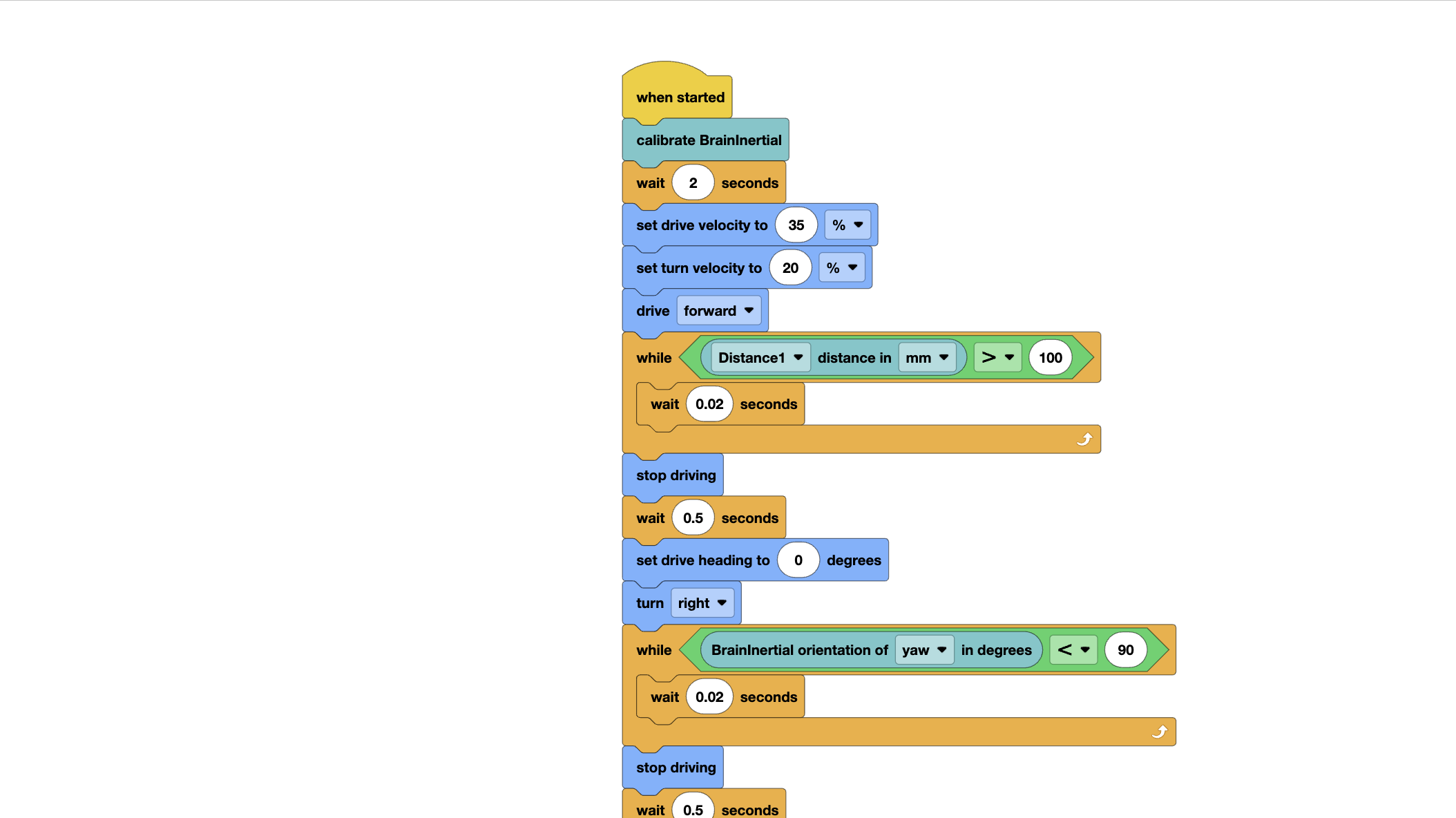 Combined sensor autonomous routine in VEXcode Blocks