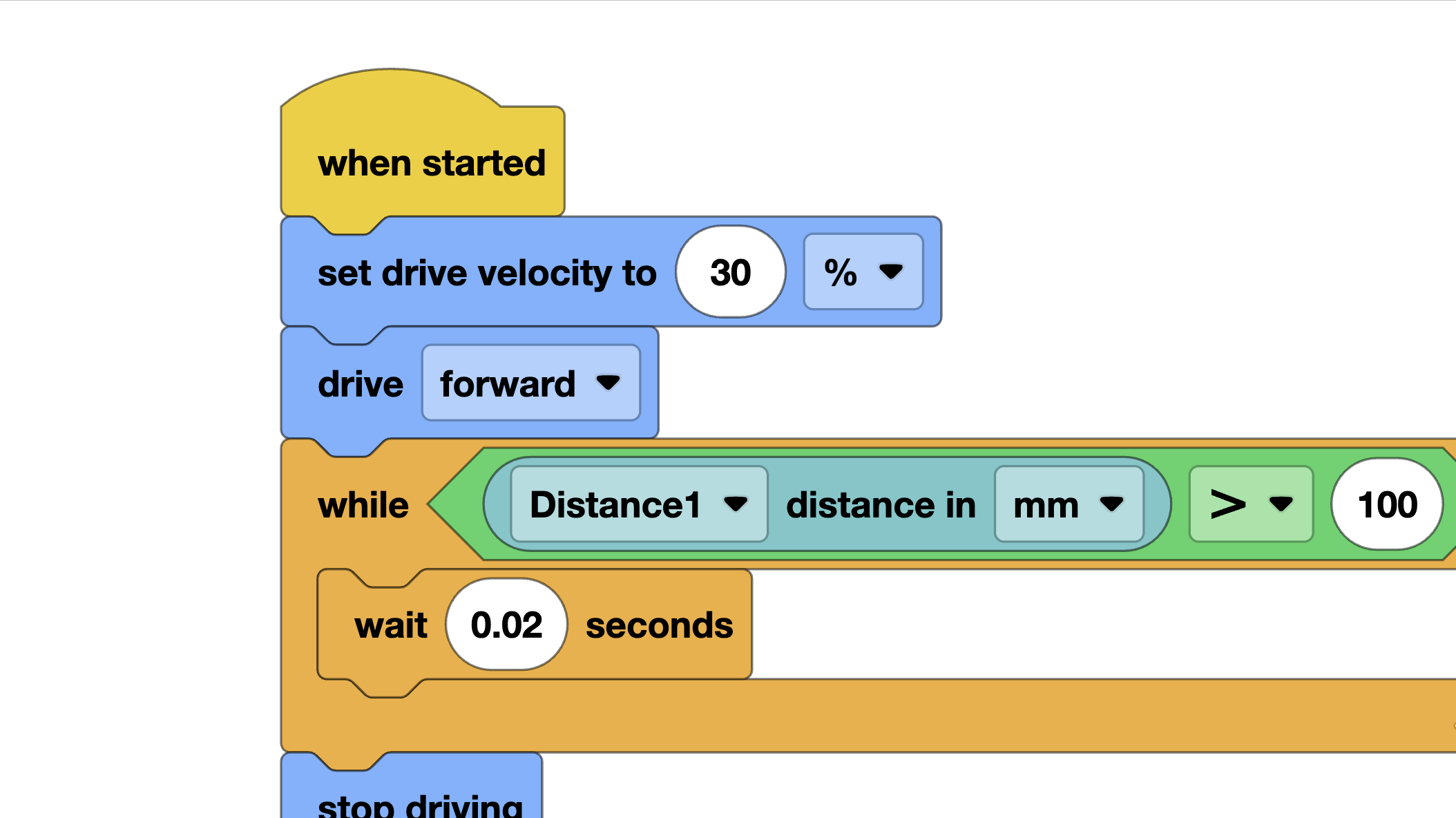 Drive until near wall using distance sensor in VEXcode Blocks
