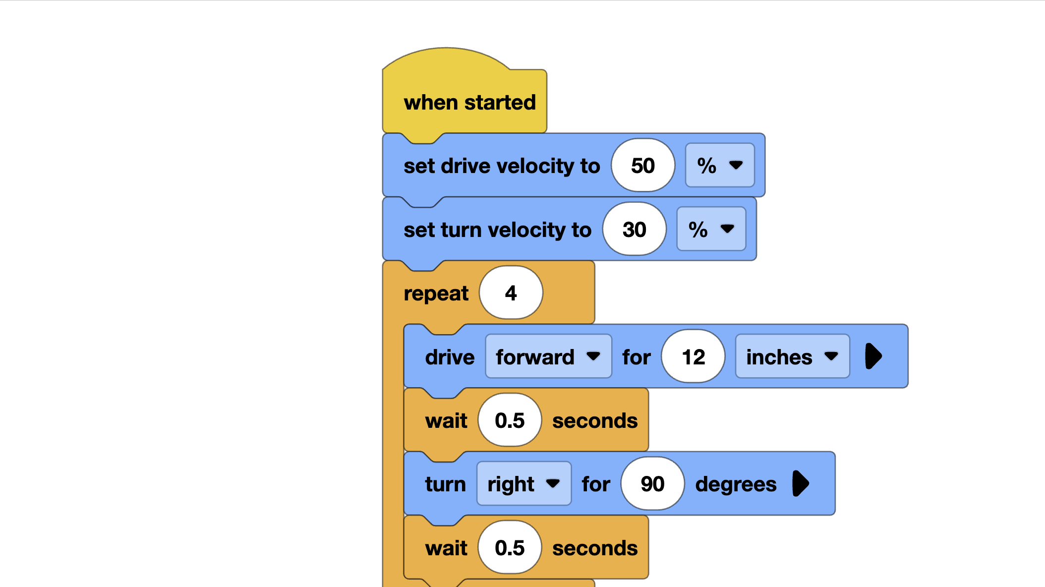 Drive in a square pattern in VEXcode Blocks